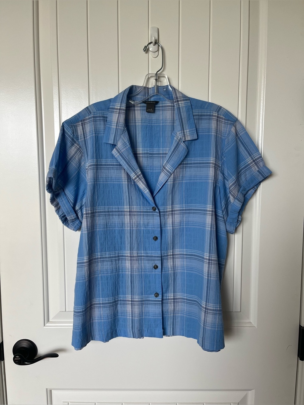 Eddie Bauer Blue Plaid Short-Sleeve Button-Down Shirt
